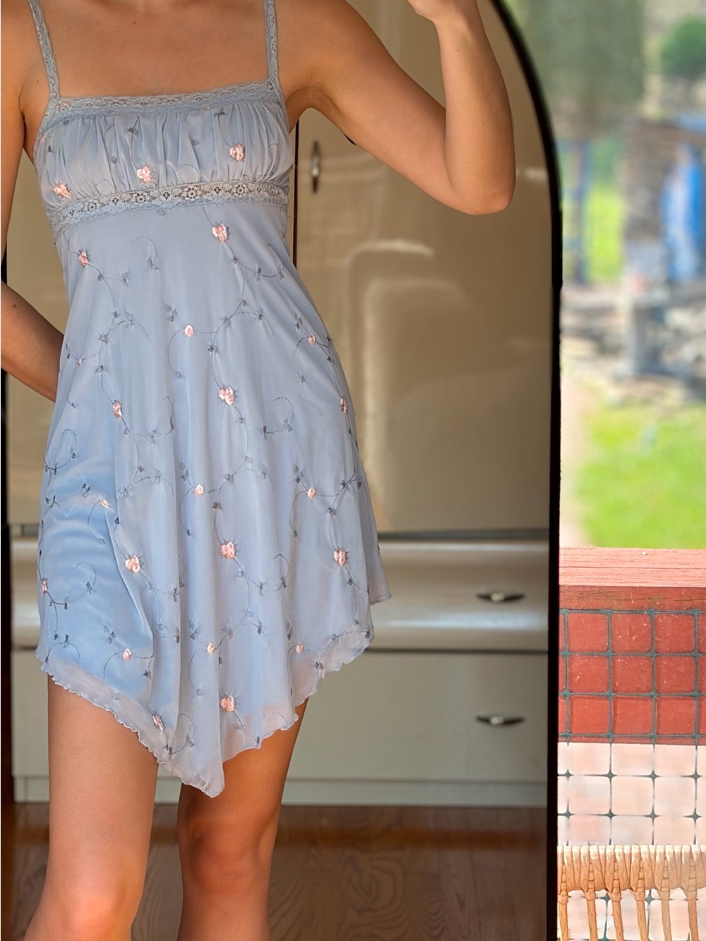 Light Blue Floral Embroidered Spaghetti Strap Dress - Urban Outfitters - Small
